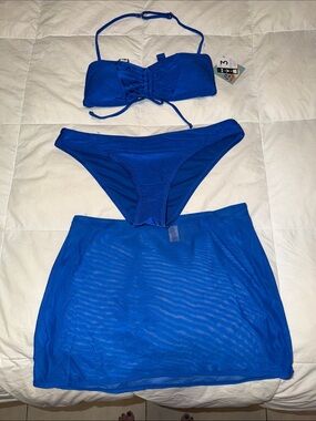 Royal Blue Bikini Set with Mesh Skirt 3 piece set